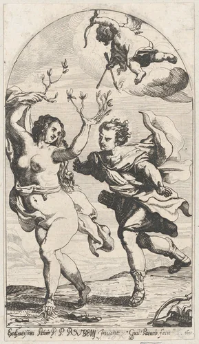 Daphne fleeing from Apollo, with Cupid overhead by Willem Panneels, print, 1631