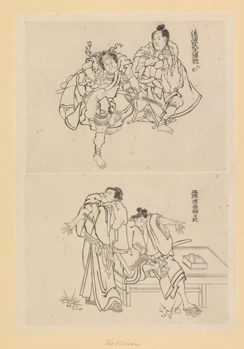 Twee toneelscènes, een met twee samoerai en een met twee figuren bij een tafel by Katsushika Hokusai (葛飾 北斎), drawing, 1800-1900