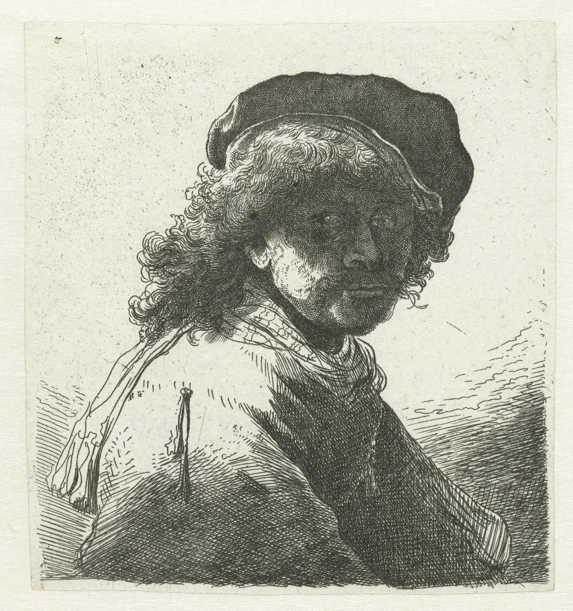 Self-portrait in a cap and scarf with the face dark: bust by anonymous, print, 1711-1800