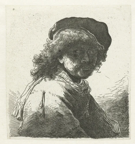 Self-portrait in a cap and scarf with the face dark: bust by anonymous, print, 1711-1800