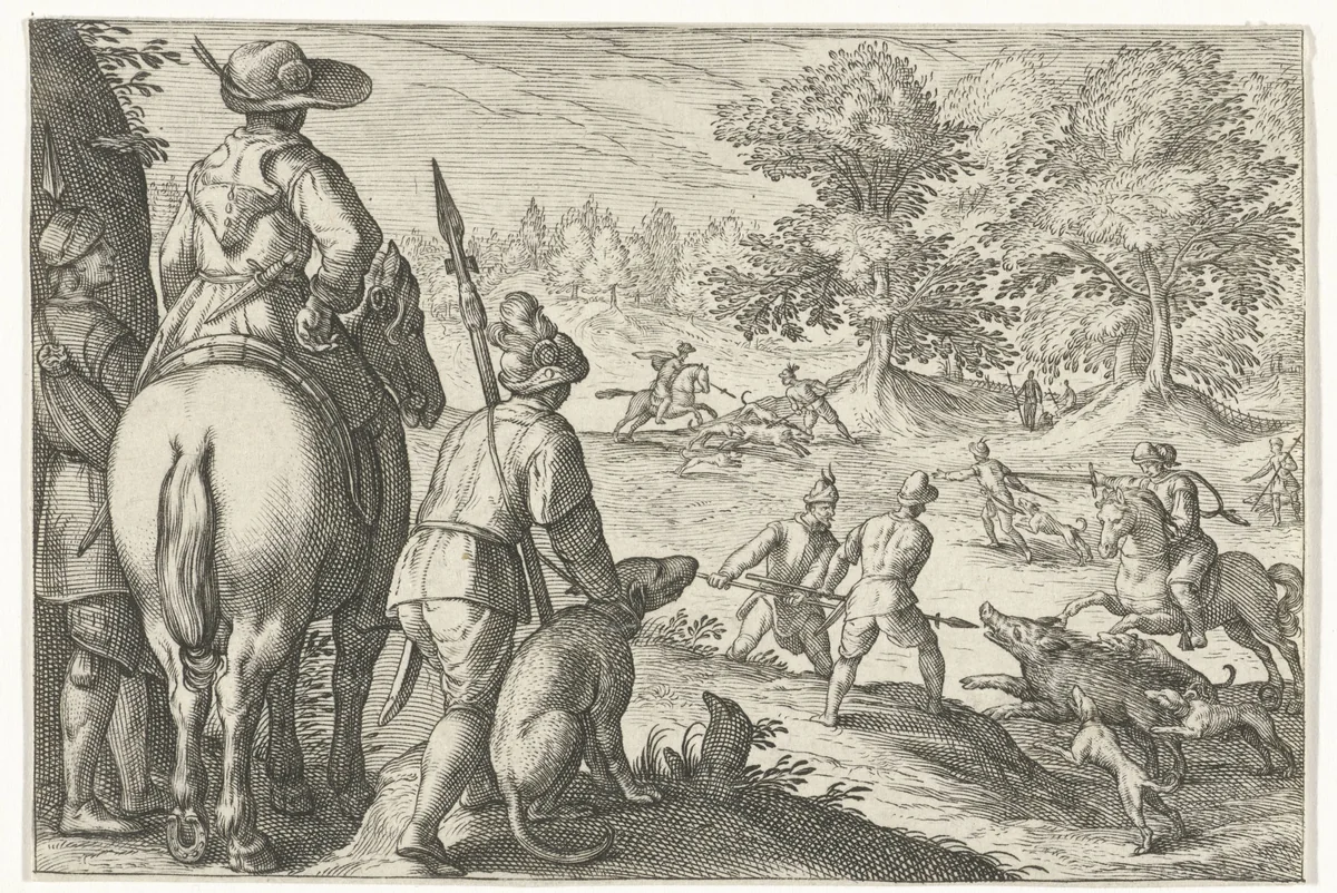 Landschap met jacht op wilde zwijnen by Egbert Jansz., print, 1598