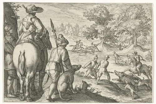 Landschap met jacht op wilde zwijnen by Egbert Jansz., print, 1598