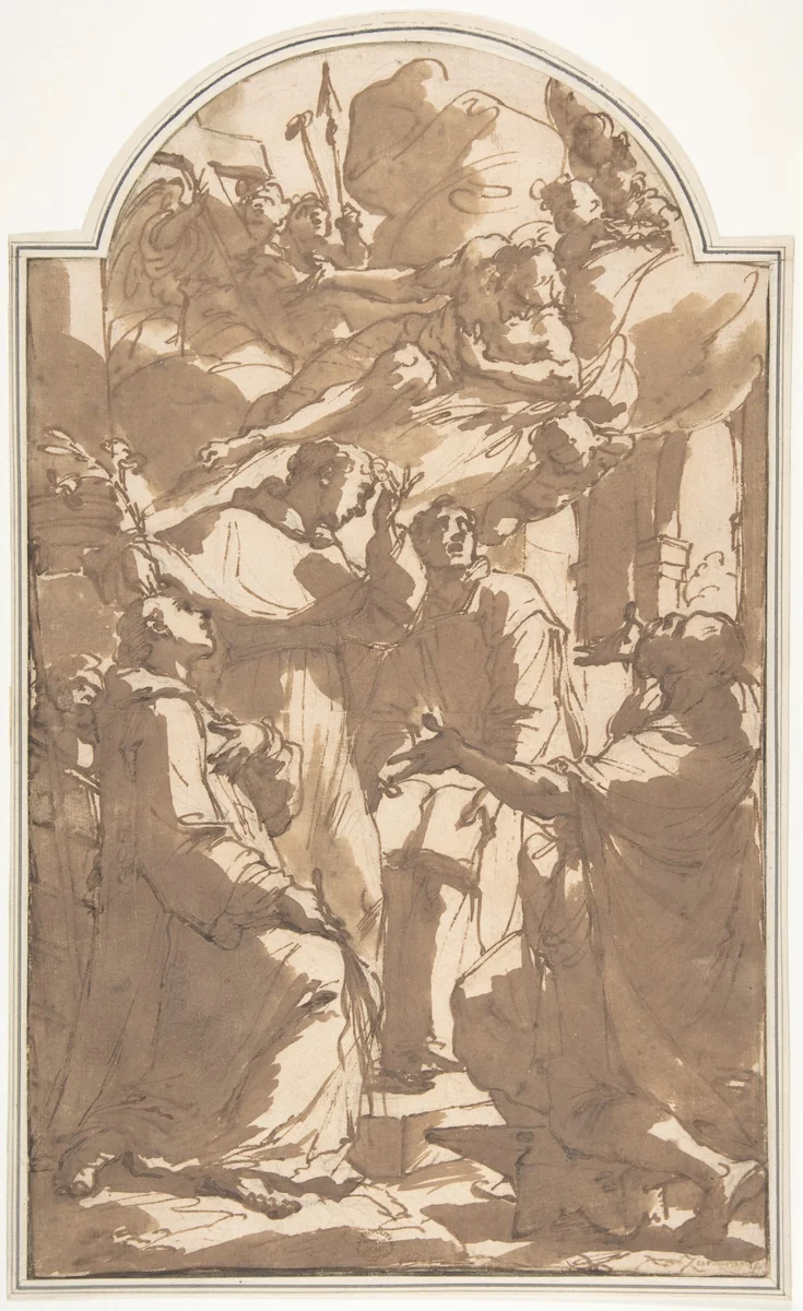 Christ in Glory with Saint Lawrence, Saint Anthony of Padua, Saint Ignatius of Loyola, and Saint Eligius. by Ubaldo Gandolfi, drawing, 1761-1771