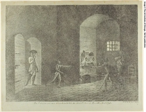 My Meeting with My Brother in the Tower of Fort St. Jean, Marseille, August 1793 by Antoine Philippe d'Orléans, print, 1806