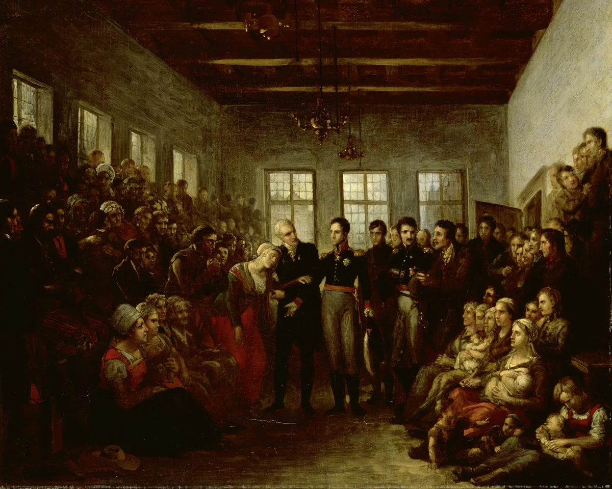 The Prince of Orange Visititing Flood Victims at the Almoners Orphanage, Amsterdam, on 14 February 1825 by Mattheus Ignatius van Bree, painting, 1825