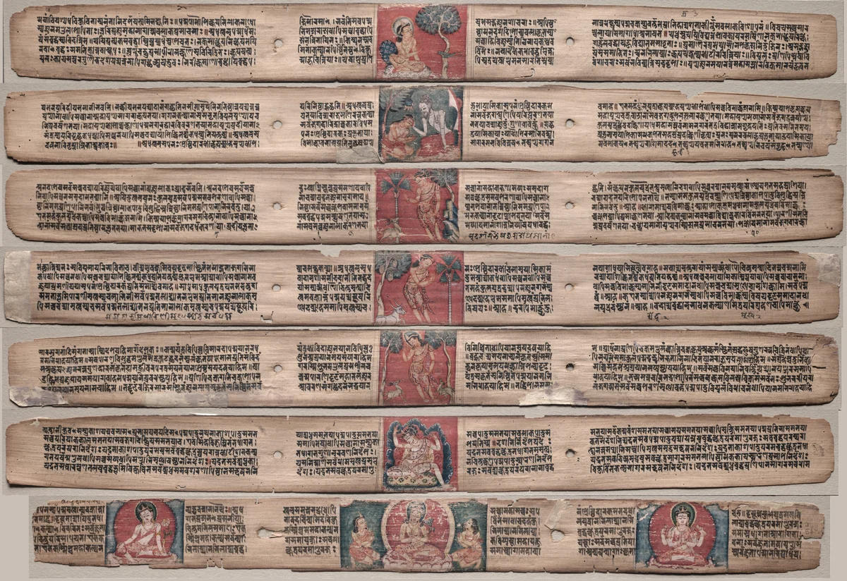 Seven Leaves from a Manuscript of the Gandavyuha-sutra (Scripture of the Supreme Array) by Unknown, painting, 1000-1199