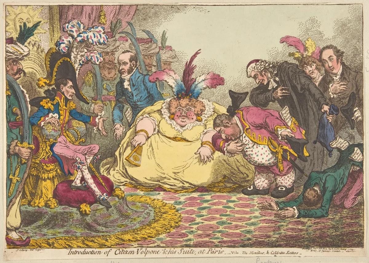 Introduction of Citizen Volpone & His Suite, at Paris.–Vide, The Moniteur, & Cobbetts Letters by James Gillray, print, 1802