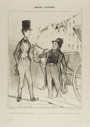 “- Taxi Monsieur? Taxi? - I don't even have enough to walk,” plate 8 from Émotions De Parisiens by Honoré-Victorin Daumier, print, 1839