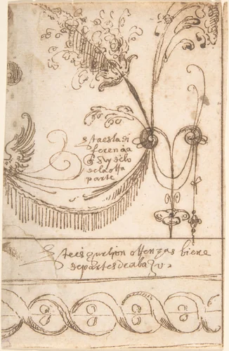 Grotesque ornament comprising a swag and a repeated band by Andrés de Melgar, drawing, 1540-1550