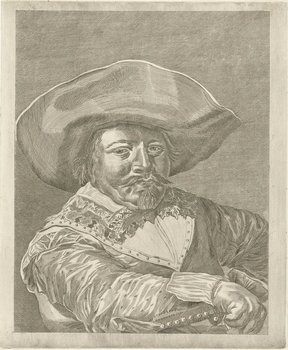 Portret van een man in 17e-eeuws kostuum by Pieter de Mare, print, 1768-1796