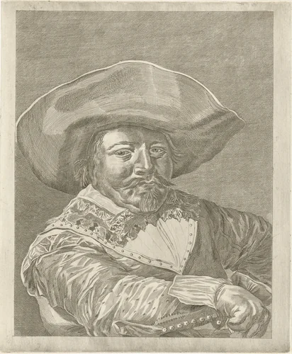 Portret van een man in 17e-eeuws kostuum by Pieter de Mare, print, 1768-1796