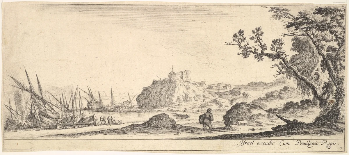 Plate 7: various boats on shore to left, a man carrying a bag, seen from behind and walking towards the background, a fortress in center background, a tree to the right, from "Various Landscapes" (Divers Paysages) by Stefano della Bella, print, 1636-1646