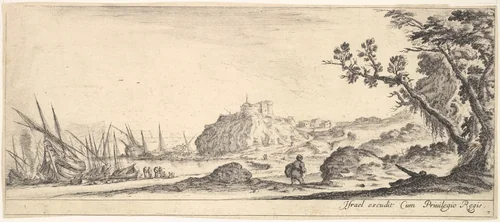 Plate 7: various boats on shore to left, a man carrying a bag, seen from behind and walking towards the background, a fortress in center background, a tree to the right, from "Various Landscapes" (Divers Paysages) by Stefano della Bella, print, 1636-1646