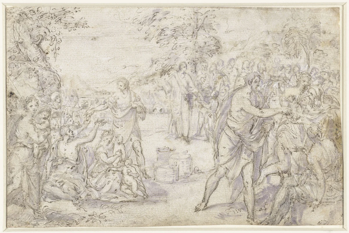 Vermenigvuldiging der broden door Christus by Unknown, drawing, 1555-1592