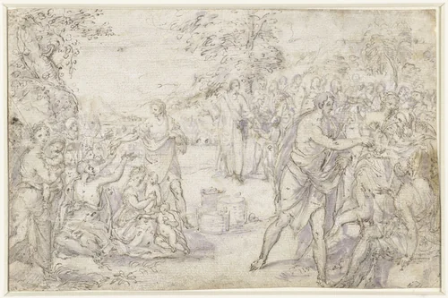 Vermenigvuldiging der broden door Christus by Unknown, drawing, 1555-1592