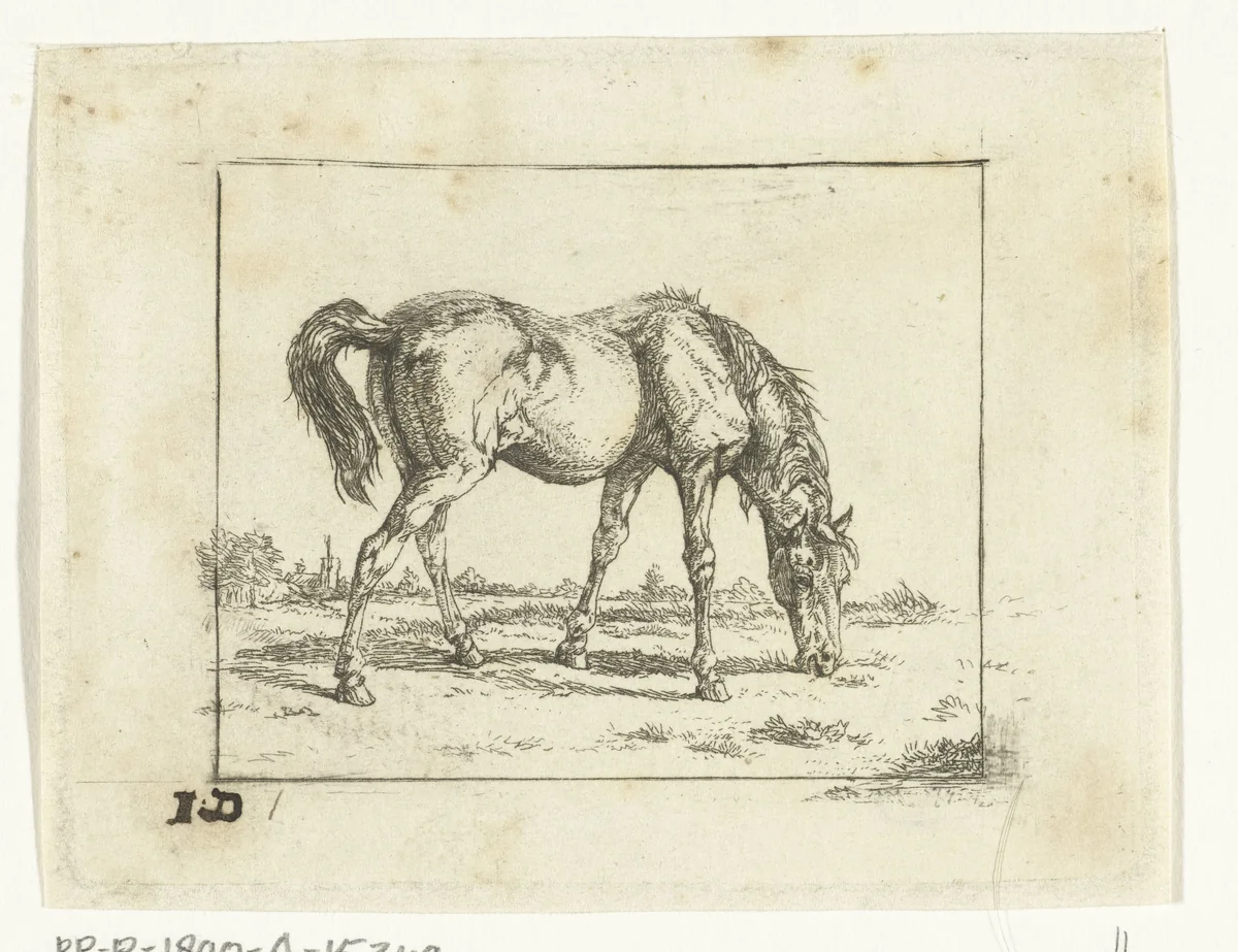 Grazend paard naar rechts by Jan Dasveldt, print, 1780-1855