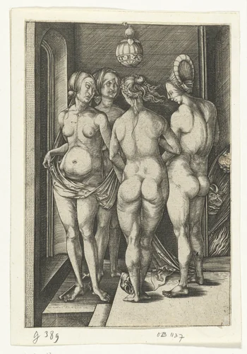 Vier heksen by Israhel van Meckenem, print, 1455-1503