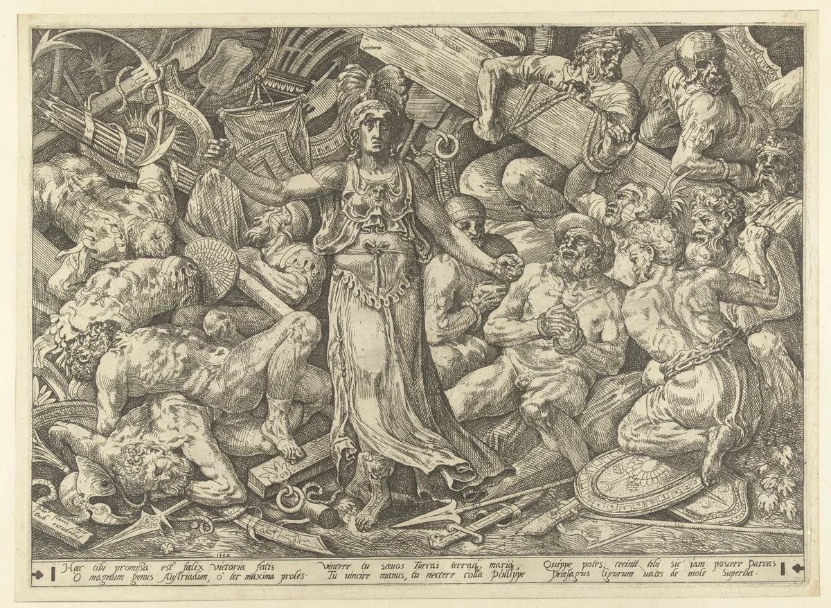 Victoria omringd door gevangenen en trofeeën by Unknown, print, 1552