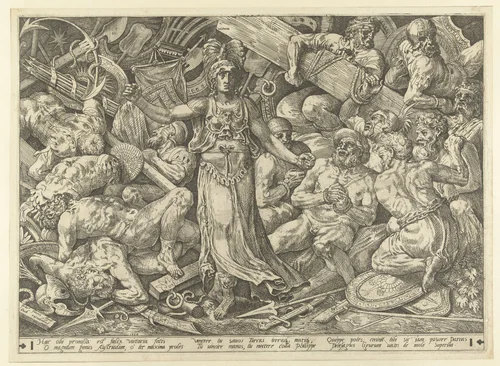 Victoria omringd door gevangenen en trofeeën by Unknown, print, 1552