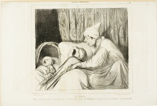 Sense of Hearing. “- Wake up Nini!.... I have been calling her for more than an hour, and she always replies: yes Adolphe. But neither the child's name nor mine is Adolphe!,” plate 41 from Types Parisiens by Honoré-Victorin Daumier, print, 1839