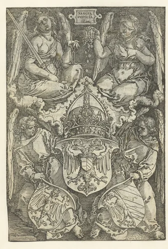 Allegorie met het wapenschild van het keizerrijk en twee wapenschilden van de stad Neurenberg by Albrecht Dürer, print, 1521