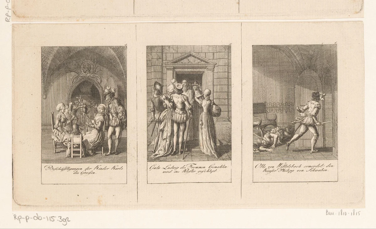 Drie voorstellingen uit de oudere en middelste geschiedenis by Daniel Nikolaus Chodowiecki, print, 1795