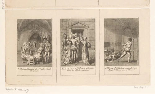 Drie voorstellingen uit de oudere en middelste geschiedenis by Daniel Nikolaus Chodowiecki, print, 1795