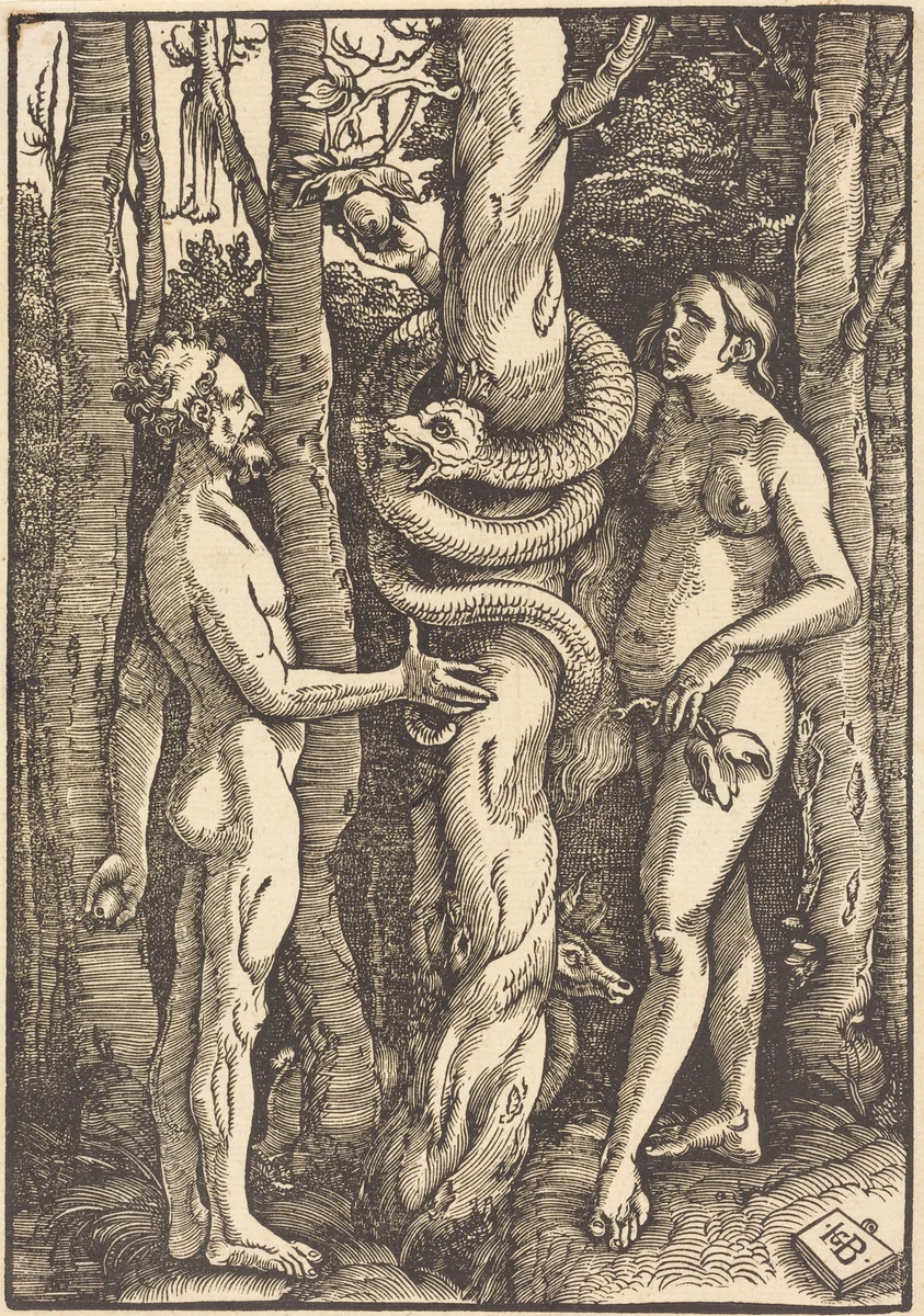 Adam and Eve with Serpent by Hans Baldung Grien, print, 1514