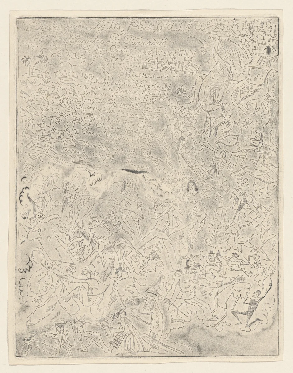 Penguin Dinner Invitation by Jules Pascin, print, 1917