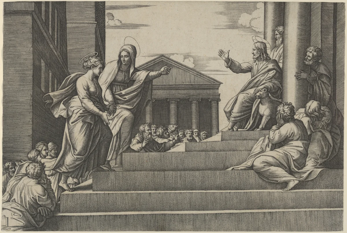 Martha leading Mary Magdalene up a flight of stairs to Christ who is seated at right at the entrance to a temple by Marcantonio Raimondi, print, 1525-1535