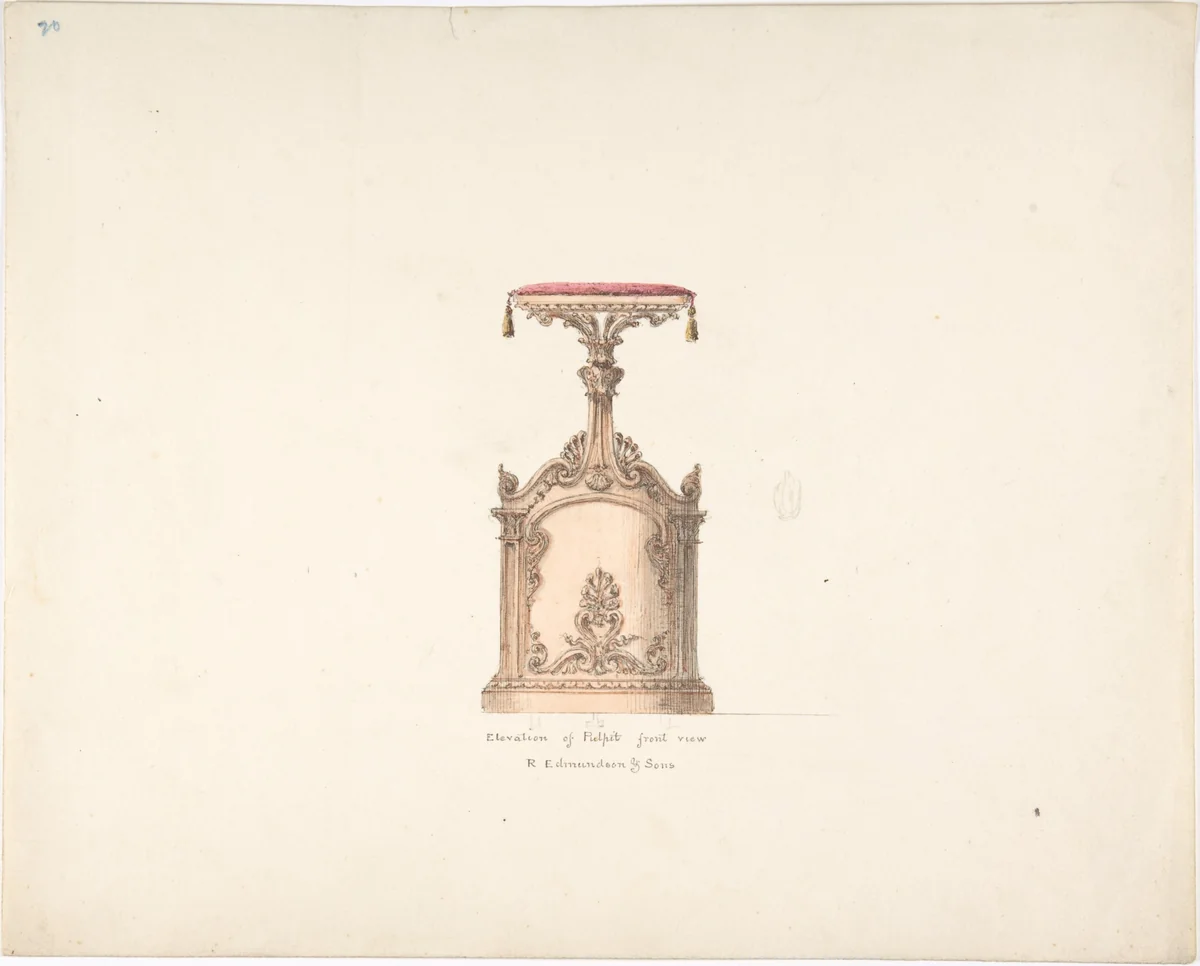 Elevation of a Pulpit, Front View, R. Edmundson & Sons by anonymous, drawing, 1815-1840