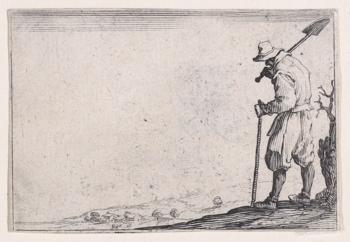 Le Paysan Portant sa Pelle sur L'Épaule (The Peasant Carrying his Shovel Over his Shoulder), from "Les Caprices" Series B, The Nancy Set by Jacques Callot, print, 1617-1620