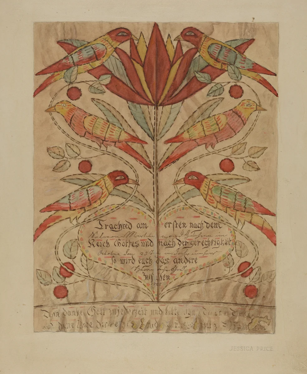 Fractur Drawing (Birth Certificate) by Jessica Price, index of american design, 1936