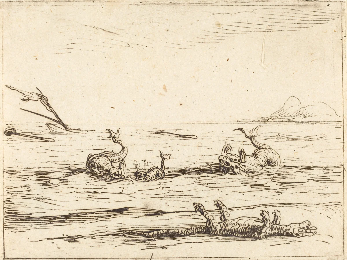 Dolphins and Crocodile by Jacques Callot, print, 1592-1635