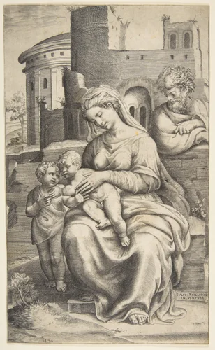 The Holy Family with Saint John the Baptist by Giulio Bonasone, print, 1570