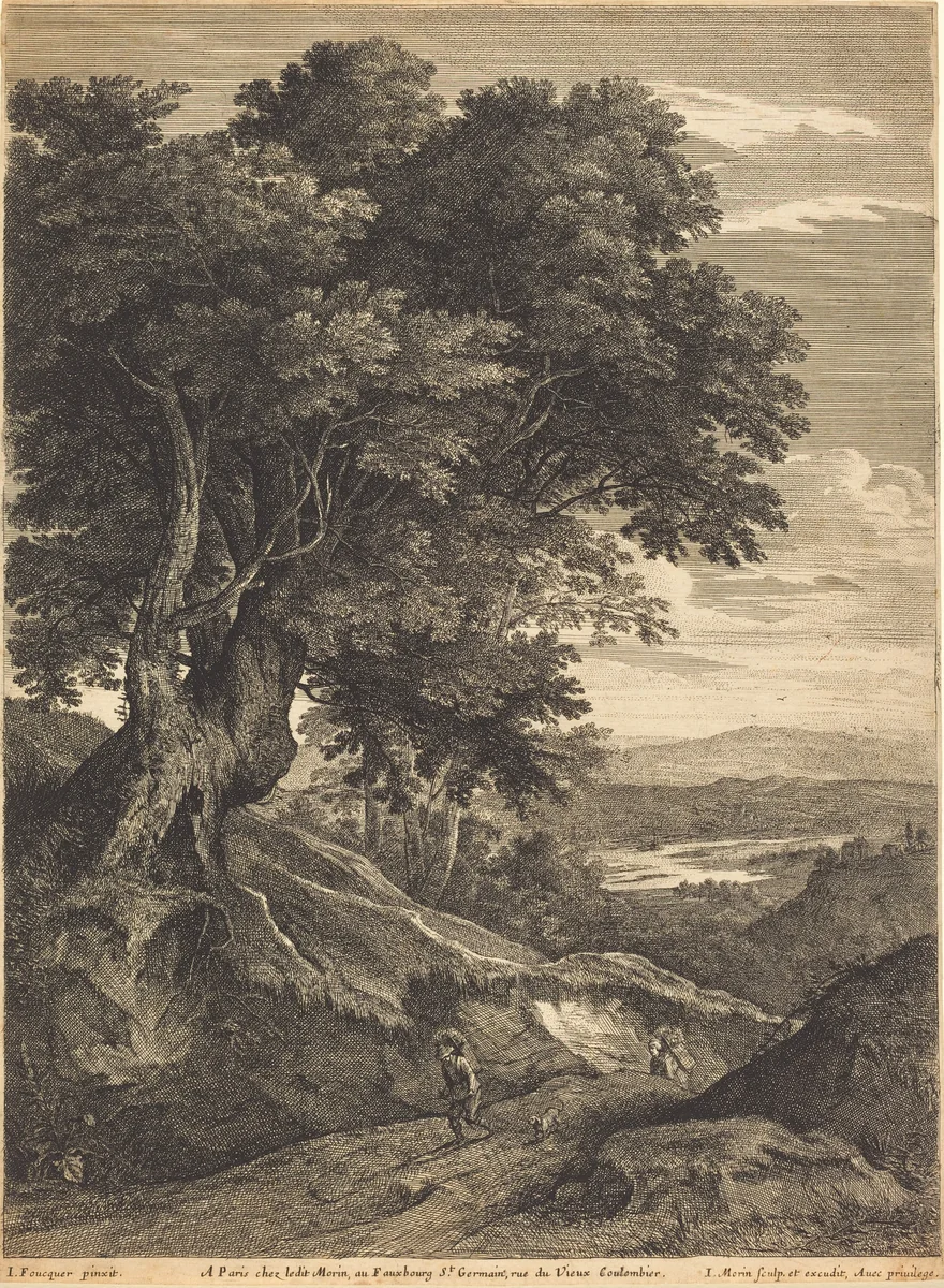 Hilly Landscape with Travelers on Foot by Jean Morin; Jacques Fouquières, print, 1600-1650