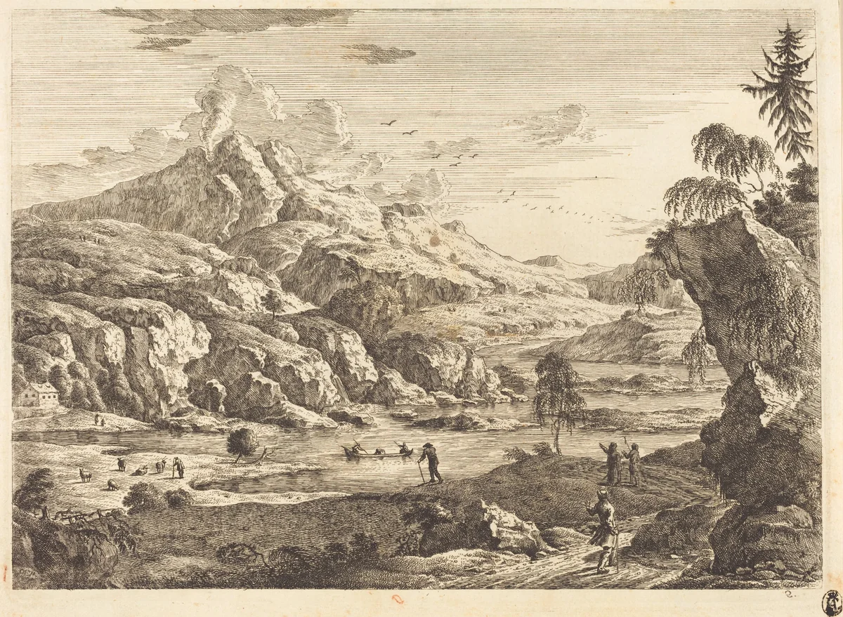 Mountainous Riverscape with Figures by Georg Eisenmann, print, 1719-1826