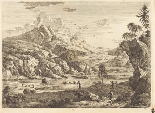 Mountainous Riverscape with Figures by Georg Eisenmann, print, 1719-1826