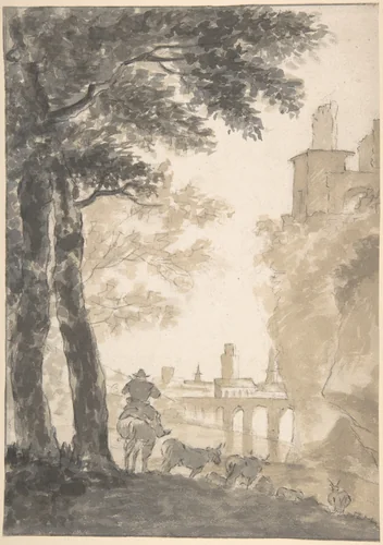 Landscape with a Mounted Herdsman and Cows, a City in the Background by Jan Both, drawing, 1625-1652