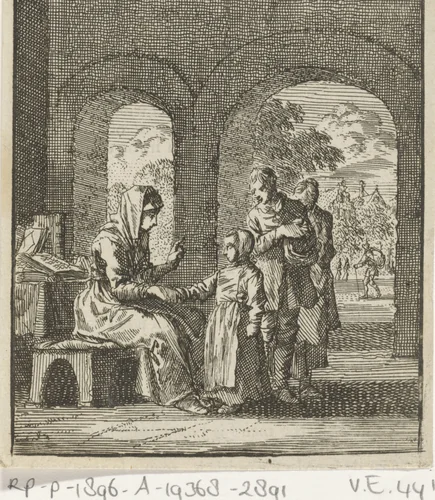 Moeder spreekt haar kind vermanend toe by Jan Luyken, print, 1712