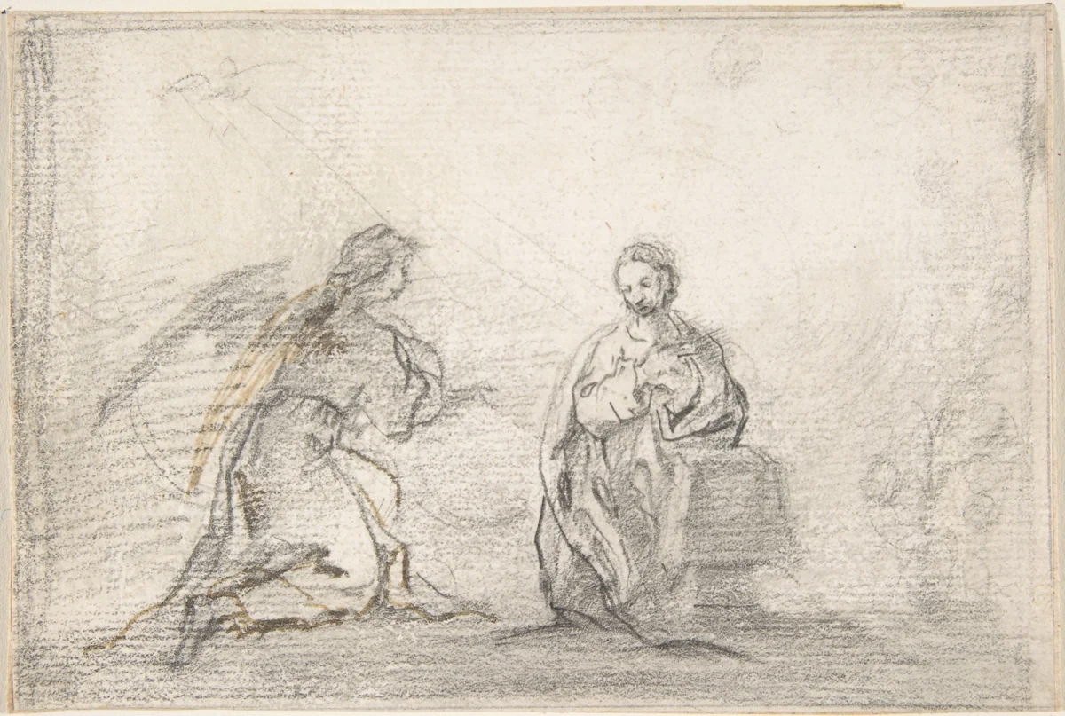 The Annunciation (Angel Approaching from Left) by Pedro Duque Cornejo, drawing, 1695-1755