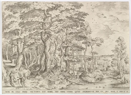 Landscape with the Temptation of Christ by Hieronymus Cock, print, 1549-1559