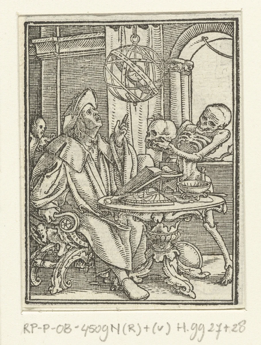 Astronoom en de Dood by Hans Holbein, print, 1524-1526