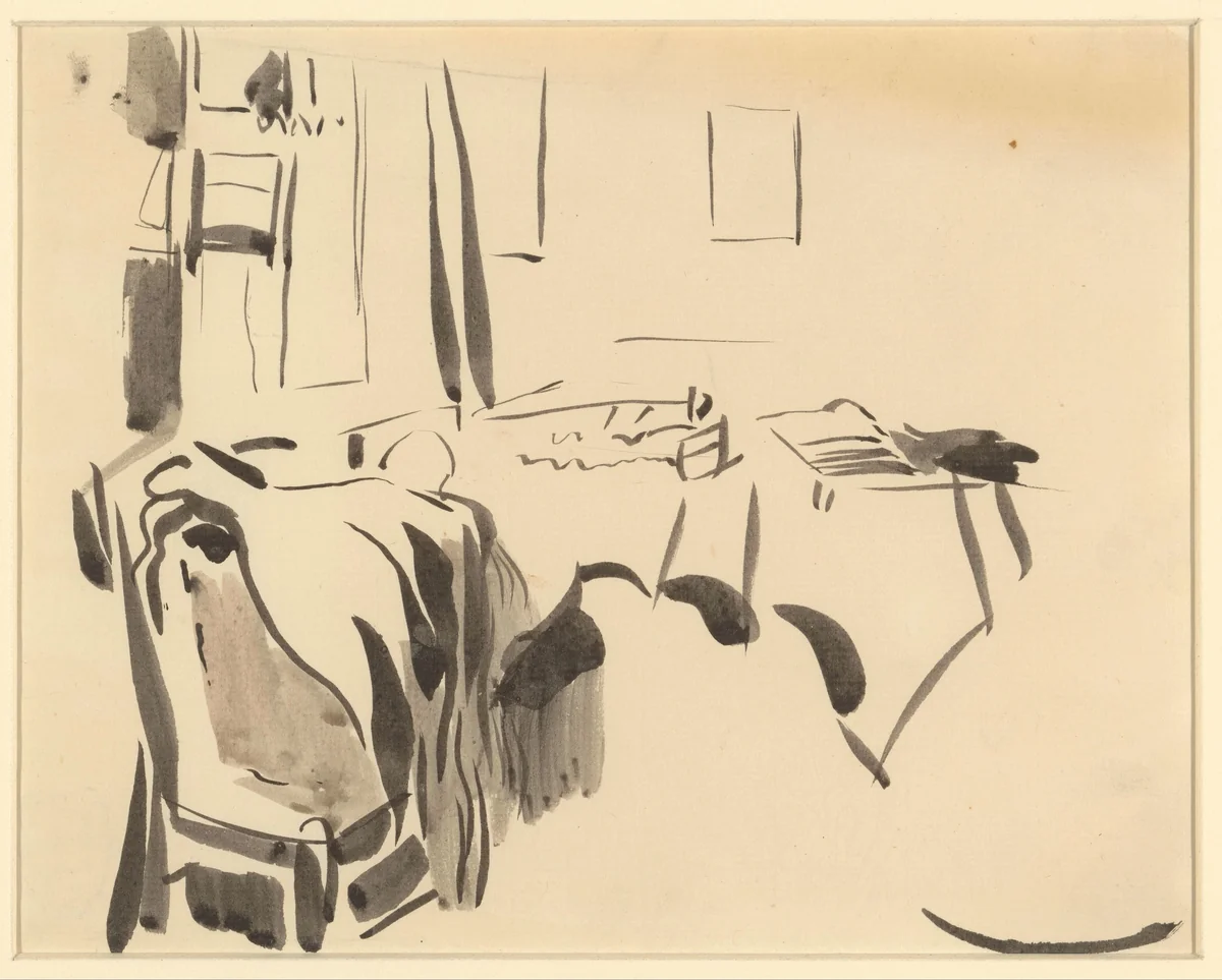 Hoek van een kamer met tafel en stoel by Rik Wouters, drawing, 1892-1916