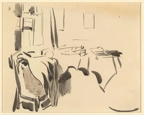Hoek van een kamer met tafel en stoel by Rik Wouters, drawing, 1892-1916