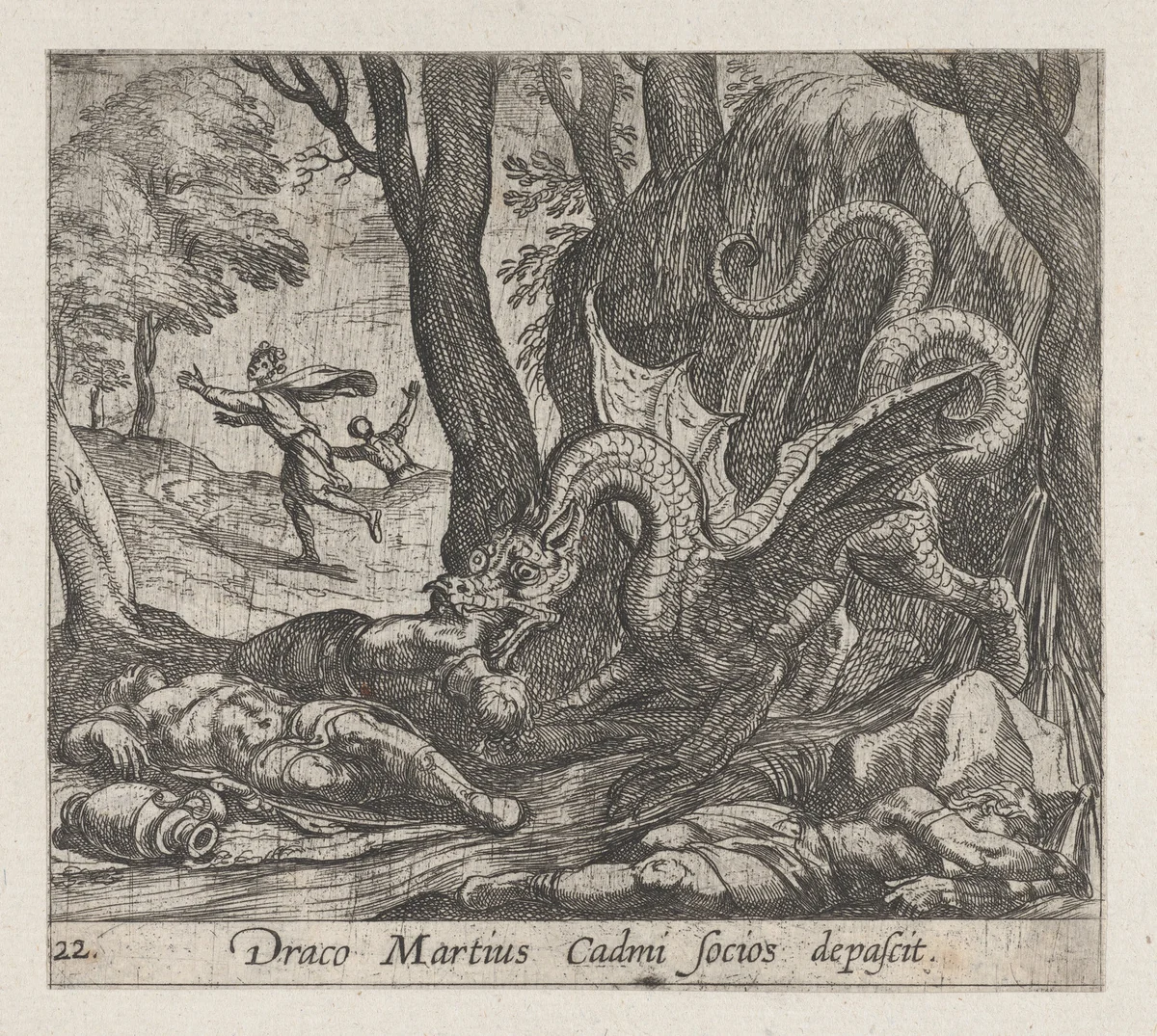 Plate 22: Cadmus's Men Killed by the Serpent (Draco Martius Cadmi socios depascit), from Ovid's 'Metamorphoses' by Antonio Tempesta, print, 1606