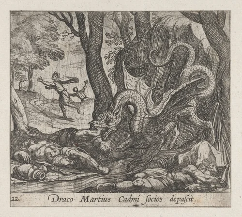 Plate 22: Cadmus's Men Killed by the Serpent (Draco Martius Cadmi socios depascit), from Ovid's 'Metamorphoses' by Antonio Tempesta, print, 1606