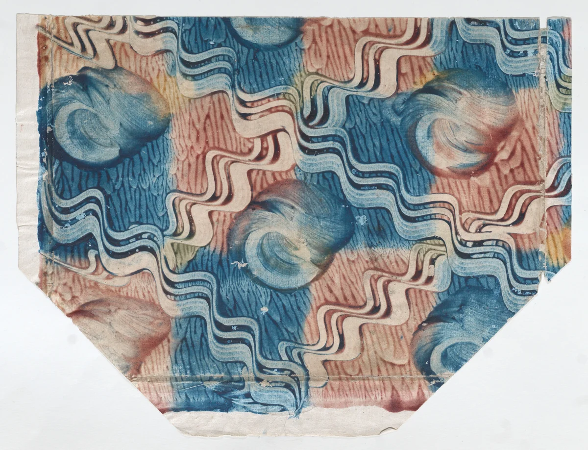 Blue and pink paste paper with circle and wavy line pattern by anonymous, print, 1800-1900