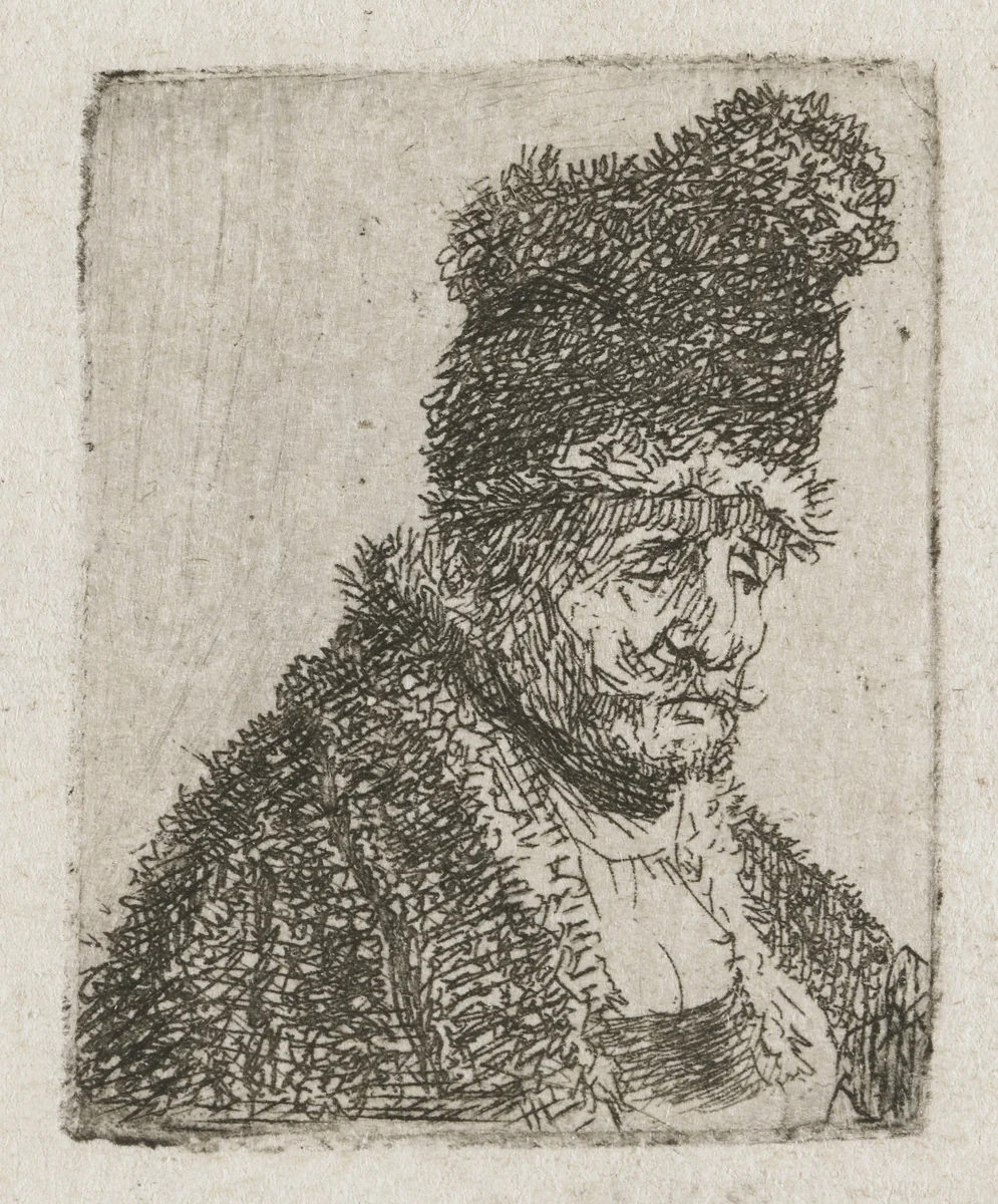 Old Man in a Fur Coat and Tall Hat by Rembrandt van Rijn, print, 1629