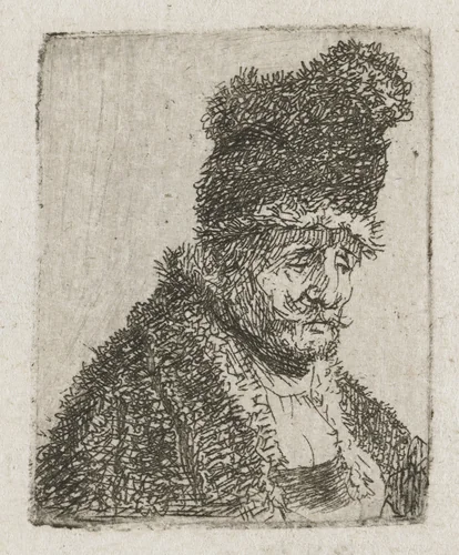 Old Man in a Fur Coat and Tall Hat by Rembrandt van Rijn, print, 1629